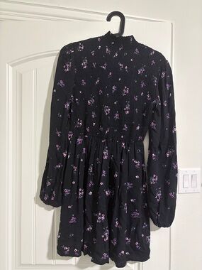 wild fable Black Long Sleeve Floral Mini Dress with Purple/Pink Blossoms